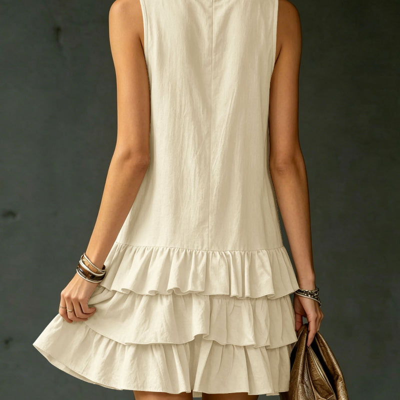 Sleeveless V-Neck Layered Ruffle Mini Dress - white