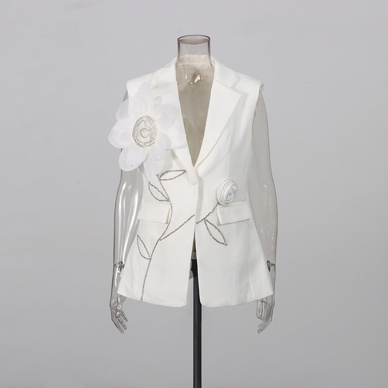 Sleeveless Blazer Vest & Wide Leg Trousers 2 Piece Floral Embroidery Suit Co-ord - white