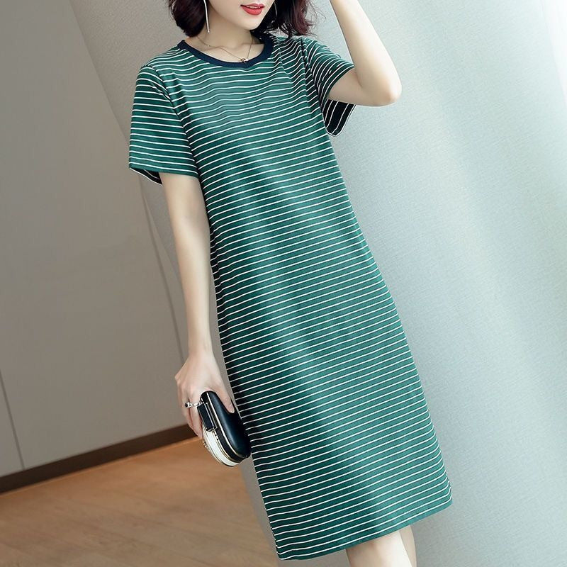 Elegant Loose Round Neck Striped Midi Dress