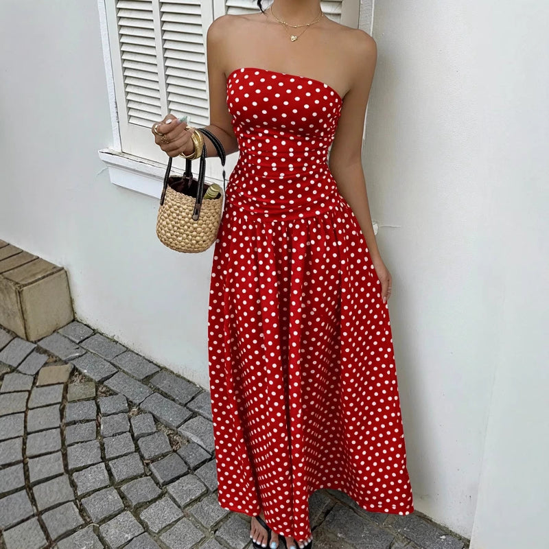 Elegant Polka-dot Off-shoulder Midi Dresses - red