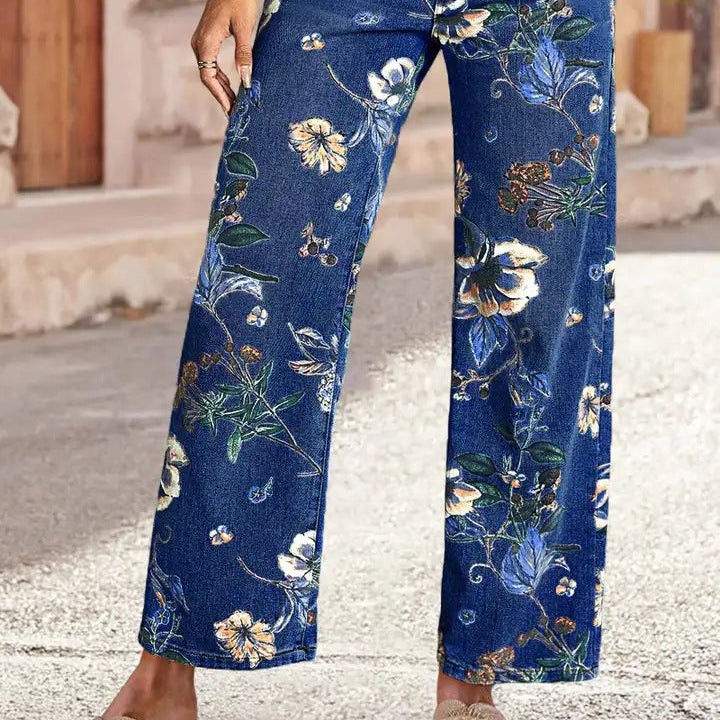 High Waist Straight Leg Jeans Vintage Floral Print