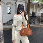 Trendy Slim-Fitting Off-Shoulder Top - oatmeal