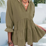 Ruffled Notched Three-Quarter Sleeve Blouse -runwayfashionista.com