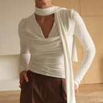 Ribbon V-neck Scarf Long-sleeved Base Top - whte