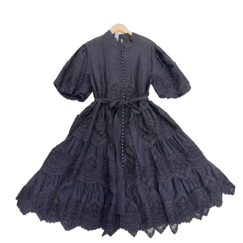 Pearl-Button Broderie Lace Puff-Sleeve Mini Dress - black