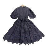 Pearl-Button Broderie Lace Puff-Sleeve Mini Dress - black