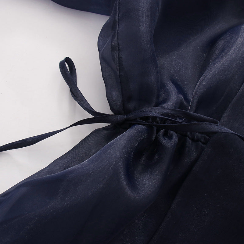 Navy Blue Glossy Organza Self-Tie Bow Neck Balloon-Sleeve Cinched-Waist Asymmetric Blouse