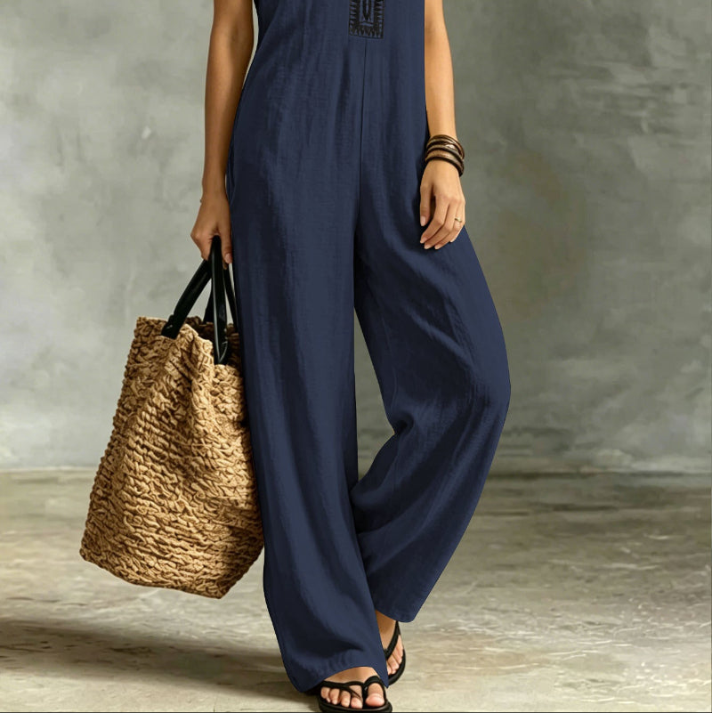 V-Neck Contrast-Trim Sleeveless Wide-Leg Jumpsuit - dark blue