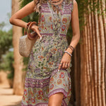 Printed Tie Neck Sleeveless Dress - runwayfashionista.com
