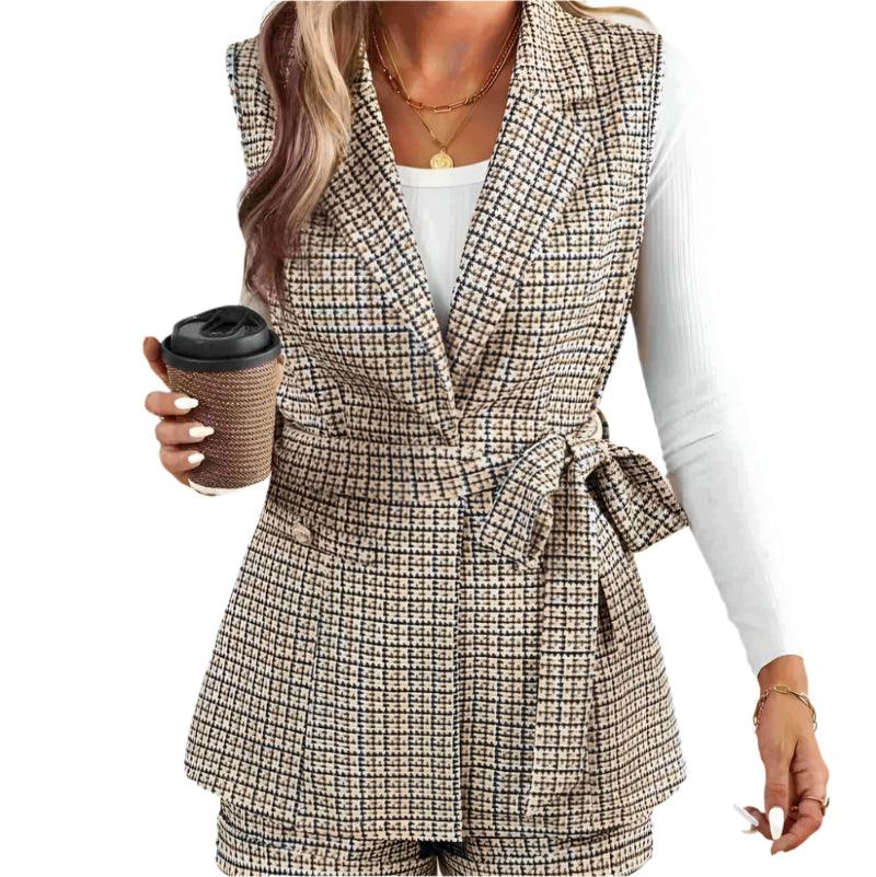 Tied plaid collared neck vest and shorts set - runwayfashionista.com