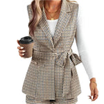 Tied plaid collared neck vest and shorts set - runwayfashionista.com