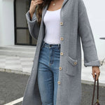 Pocketed Button Up Long Sleeve Hooded Cardigan - runwayfashonista.com