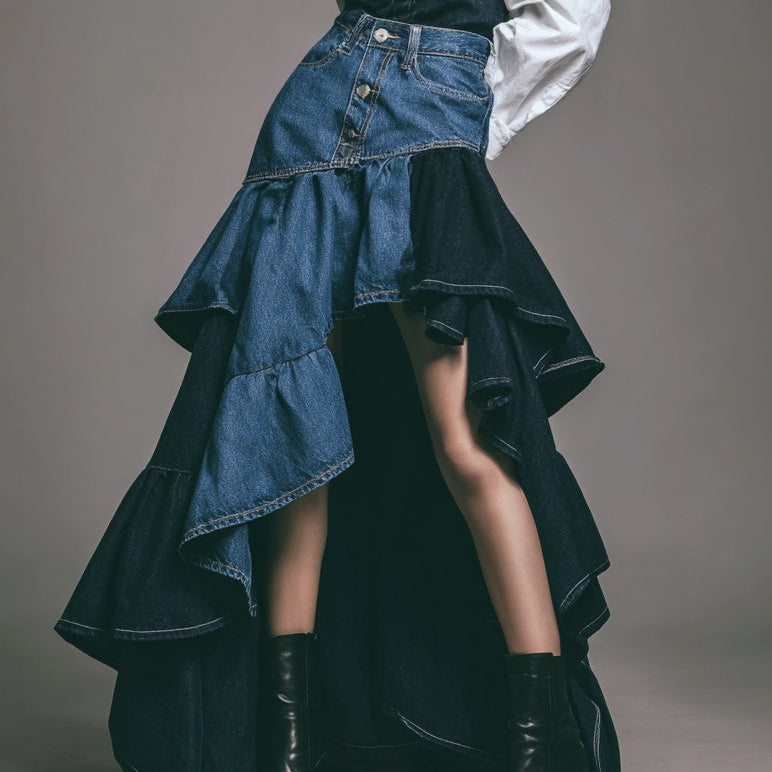 Two-Tone Denim High Waist Asymmetric Multi-Layer Ruffle Maxi Skirt