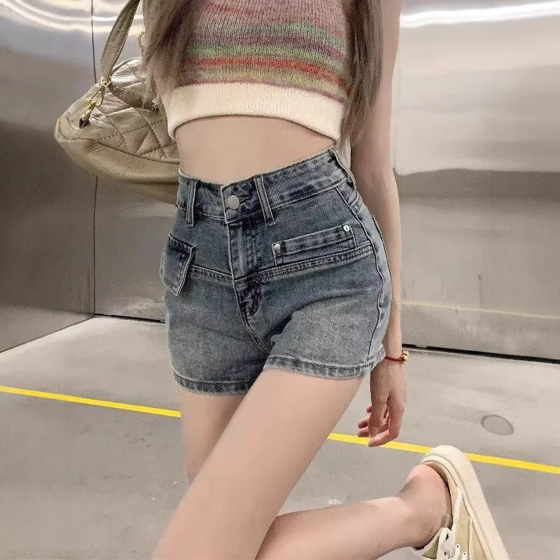 Retro High-Waist Loose Denim Shorts - blue