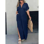 Short Sleeve Elastic Waist Maxi Dresses - navy blue