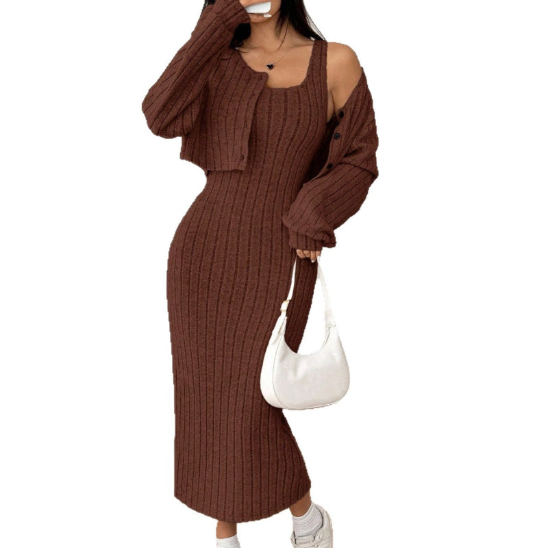 Ribbed Knit Dress and Cropped Cardigan Set - maroon