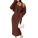 Ribbed Knit Dress and Cropped Cardigan Set - maroon