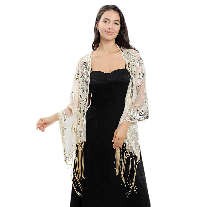 Flower Sequin Embroidered Long Fringe Shawl