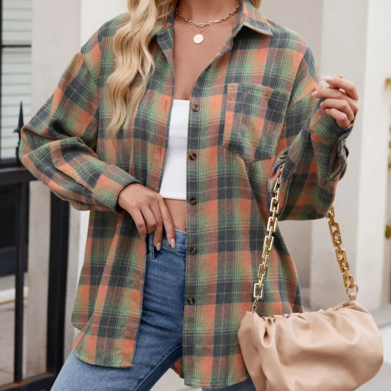 Plaid Collared Neck Long Sleeve Shirt - runwayfashionista.com