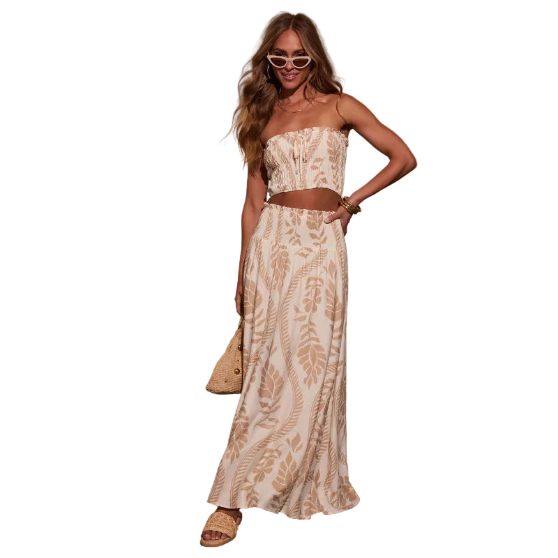 Leaf Print Strapless Top and Maxi Skirt Set - khaki