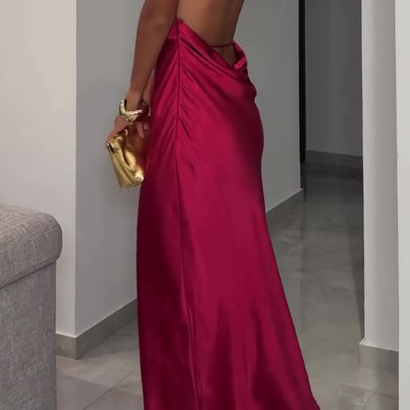 Burgundy Backless Satin Sleeveless Maxi Dress