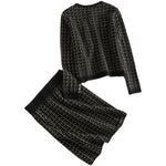 Textured Button-Front Jacket and Skirt Set - black