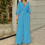 V-neck Short-sleeved Jumpsuit - light blue