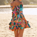One-Shoulder Flared Sleeve Ruffle Mini Dress - Orange