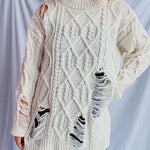 Distressed Cable-Knit Round Neck Long Sleeve Sweater -runwayfashionista.com