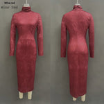 High Neck Long Sleeve Midi Dress - wine red