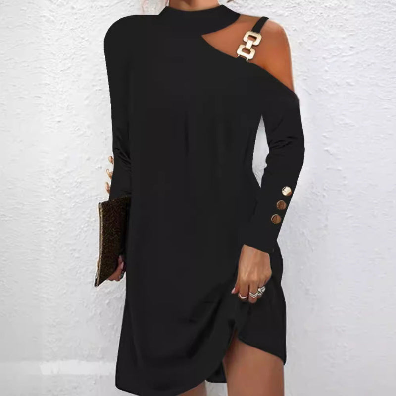 Long Sleeve Metal Buckle Halter Neck Casual Mini Dress - black