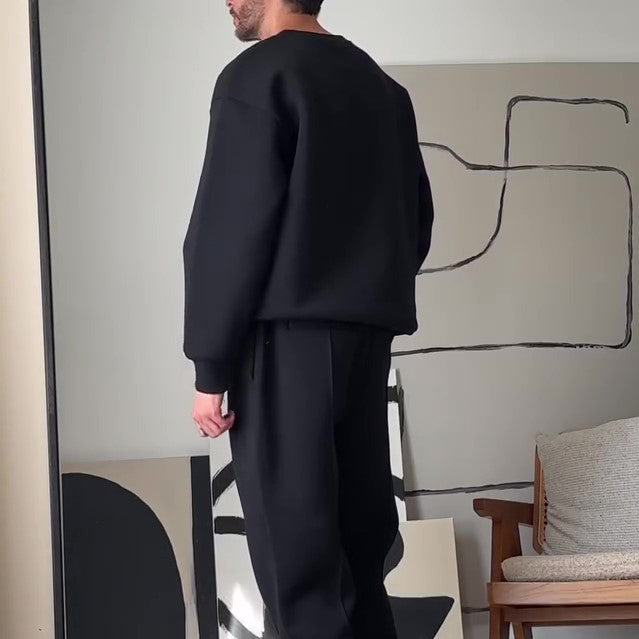 Casual Round Neck Long Sleeve Sweatshirt & Elastic Waist Pants Set - black