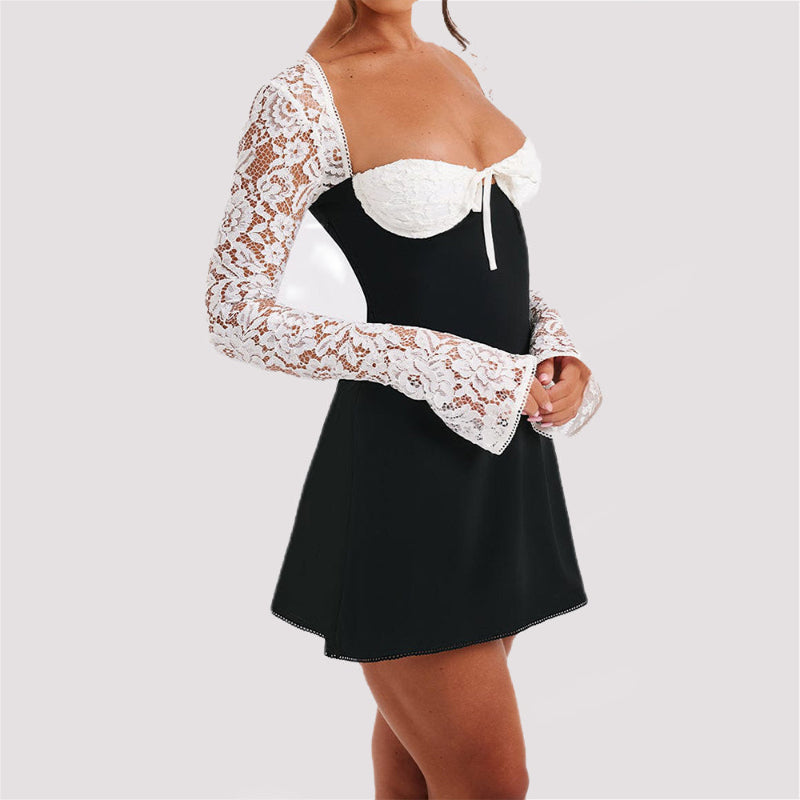 Backless Lace Up MiniDress - black & white