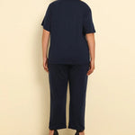 Plus Size PEACE FOREVER Dark Blue Short Sleeve Top & Pants Set - runwayfashionista.com