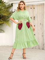 Plus Size Frill Heart Striped Half Sleeve Dress - Light Green - runwayfashionista.com