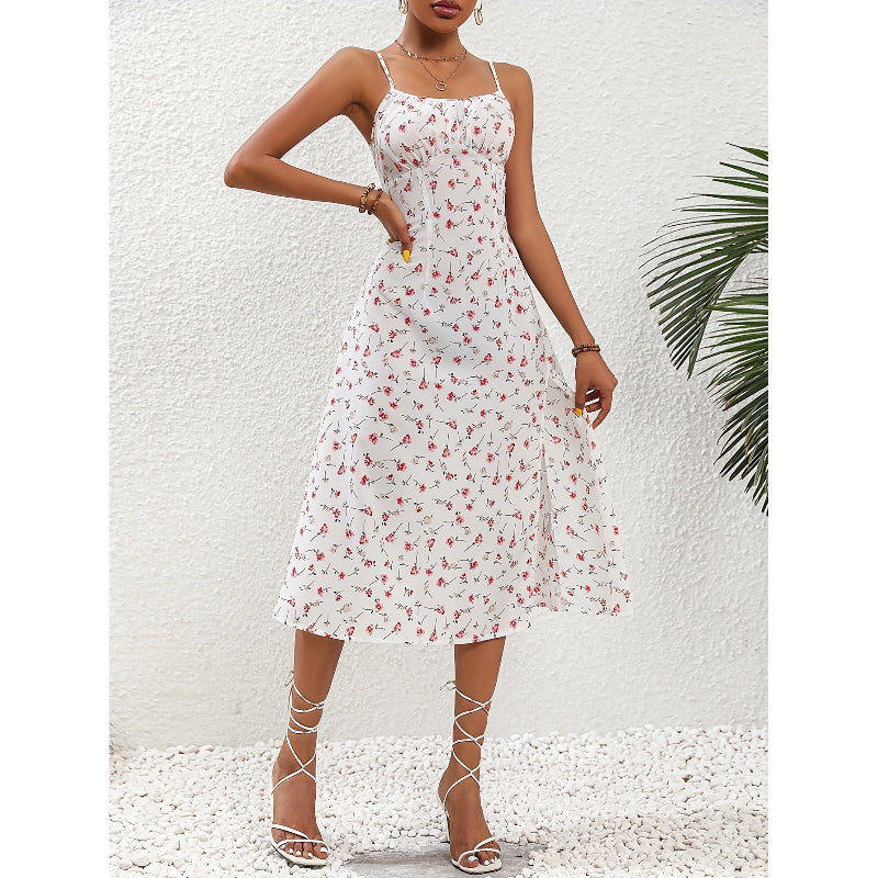 Polka Dot Print Suspender Midi Dress - white