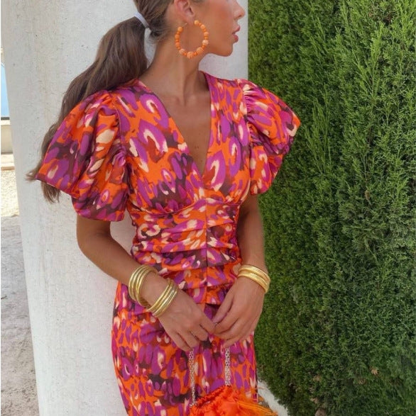 Puffed Short Sleeve Midi Dress - orange