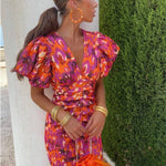 Puffed Short Sleeve Midi Dress - orange