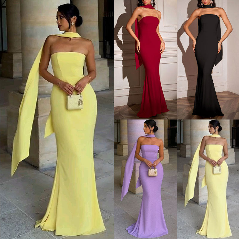 Elegant Strapless Ribbon-Trimmed Evening Gown