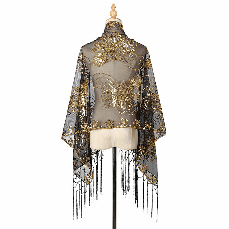 Long Fringe Sequin Embroidered Shawl