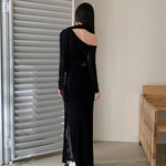 Asymmetrical Shoulder Long Sleeve Maxi Dress