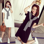 Elegant Short-Sleeved A-Line Shirt Dress - white/ black