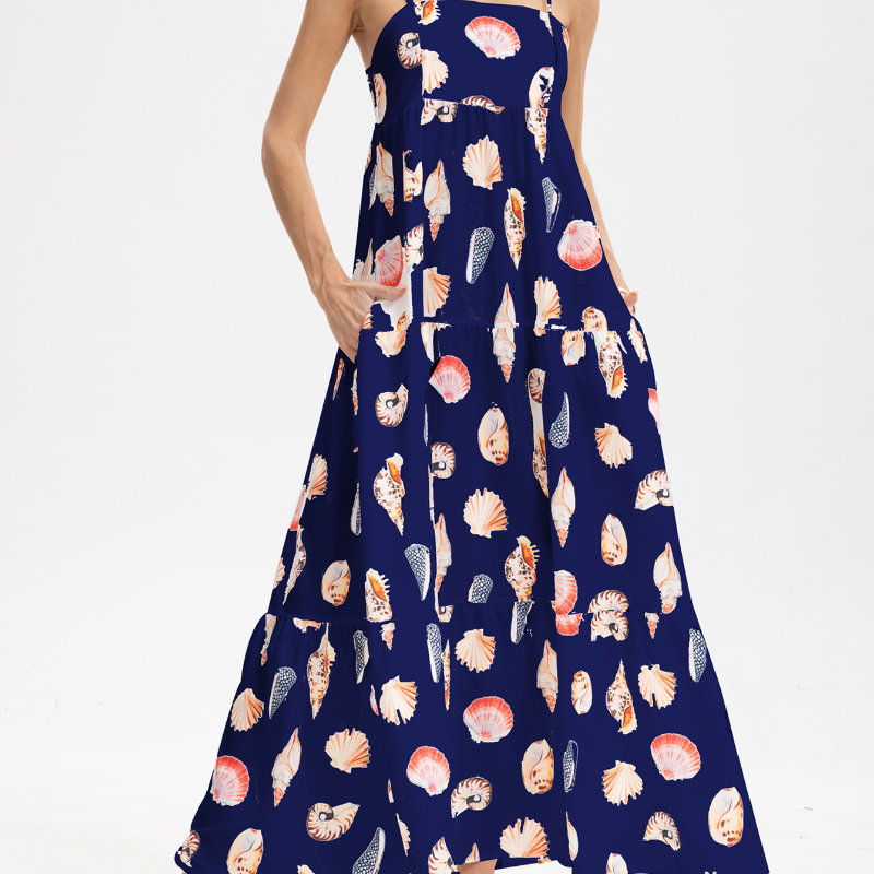 Seashell Print Pocket Midi Dress - Navy Blue