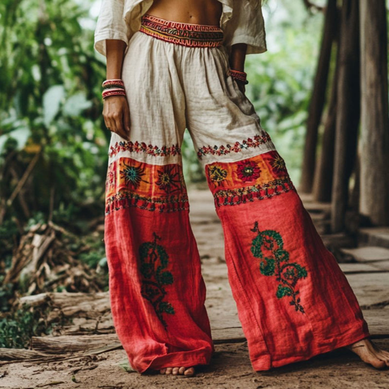 Fashion Vintage Print Wide-Leg Pants - red