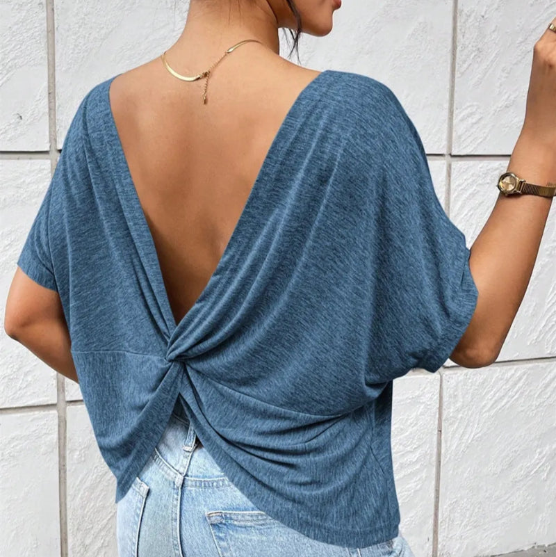 Backless Twisted Round Neck Half Sleeve T-Shirt - runwayfashionista.com