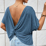 Backless Twisted Round Neck Half Sleeve T-Shirt - runwayfashionista.com