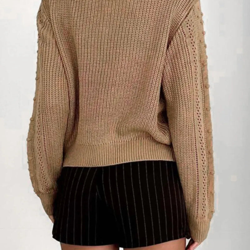 Openwork Round Neck Long Sleeve Sweater - runwayfashionista.com