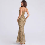 Elegant Low Neck Sleeveless Backless Tie-Up Maxi Dress - Bronze