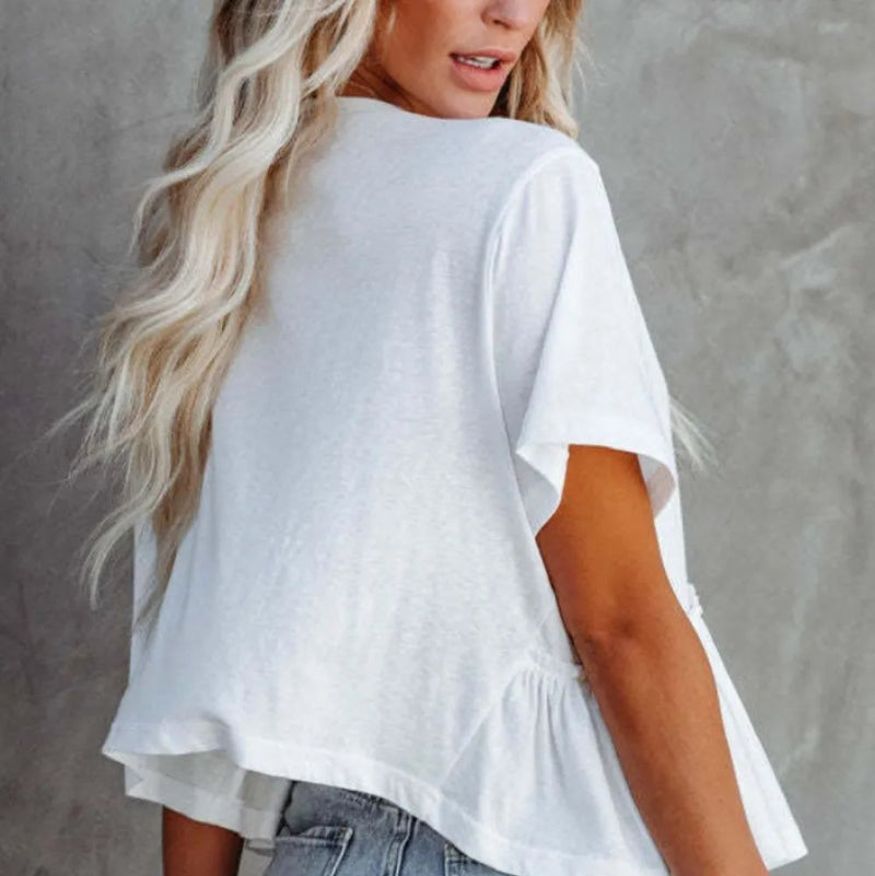 Tied Plunge Short Sleeve Blouse - runwayfashionista.com