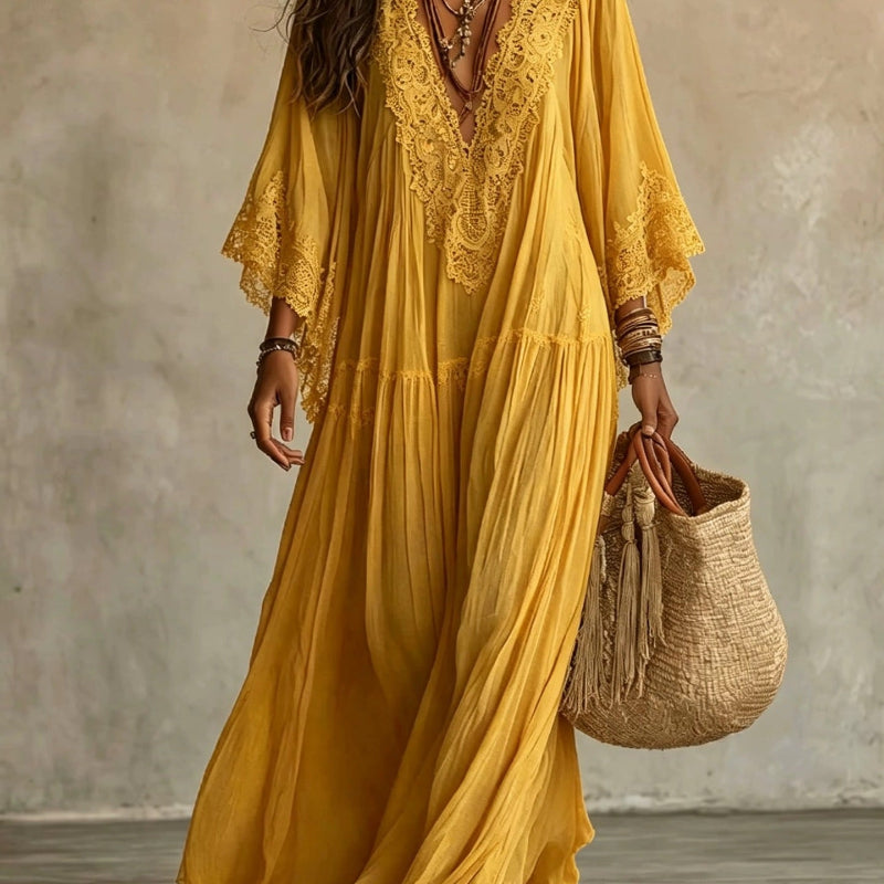 Lace-Trim V-Neck Flared-Sleeve Boho Maxi Dress - yellow